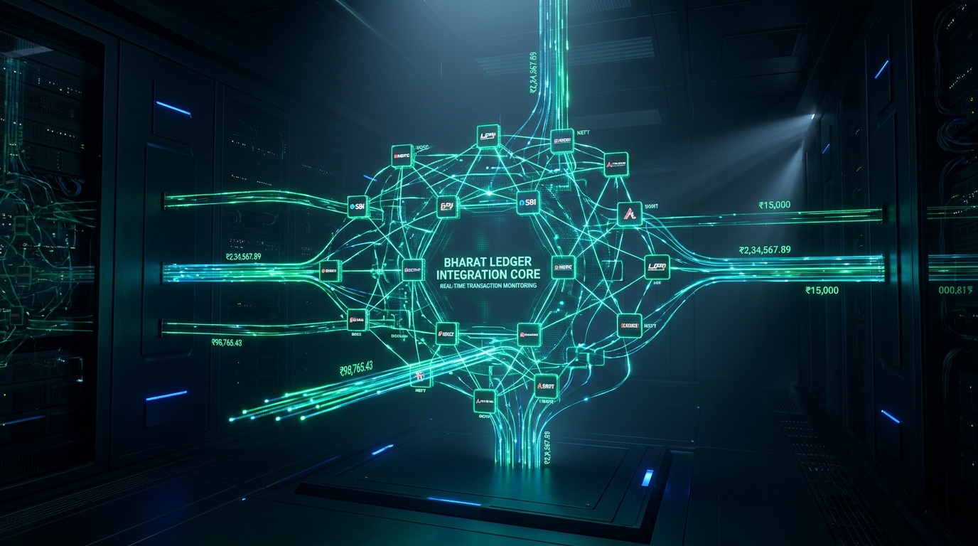 Holographic visualization of IBLM Sovereign Indian Banking Neural Core with real-time payment rails